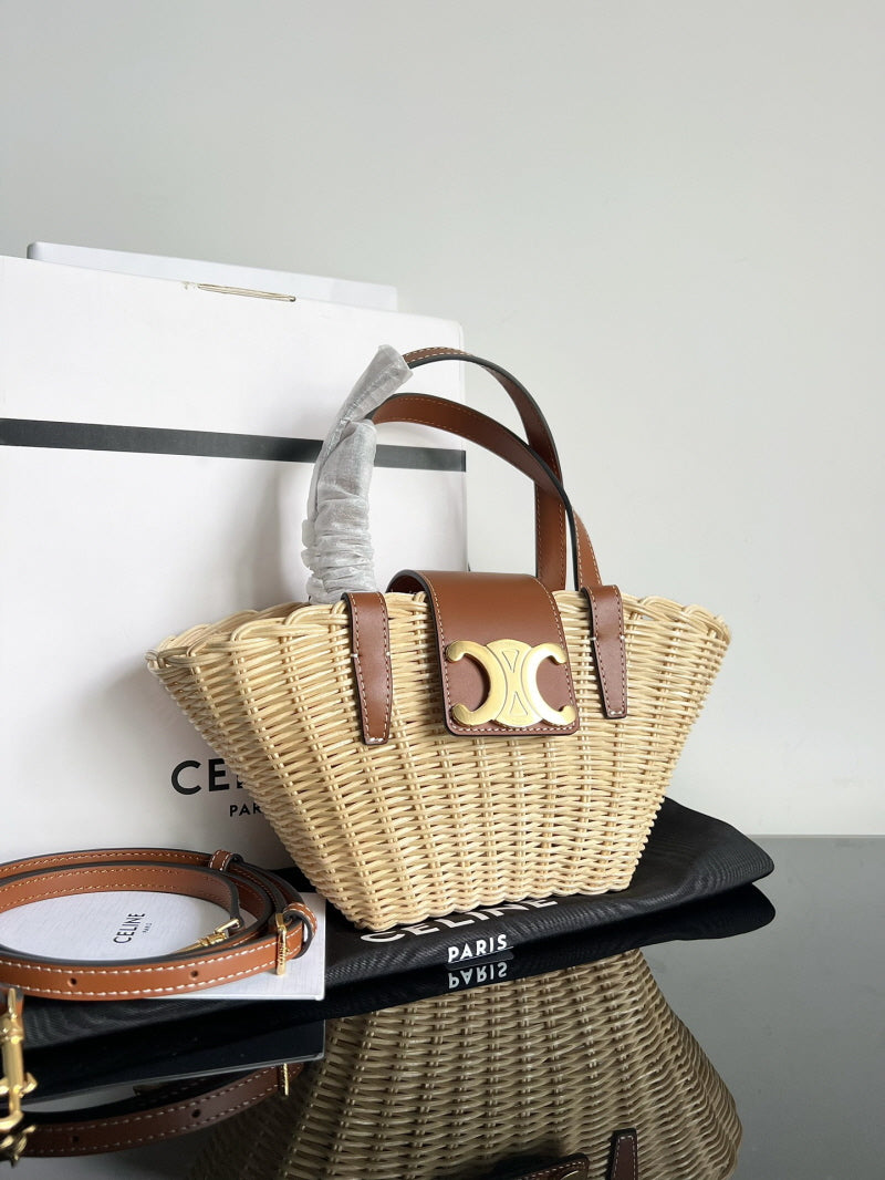 CLASSIC PANIER BOLSA CELINE CESTA TEEN em PALHA E COURO
