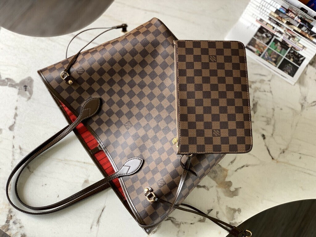 Lv Neverfull Inside Out MM Brown and Red